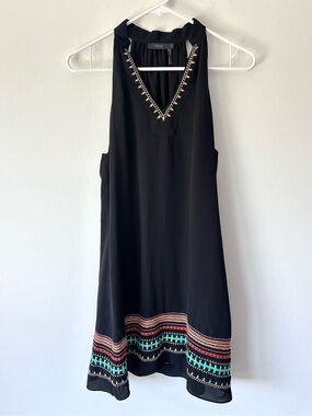 THML Black Mini Shift Sleepless Dress Embroidered Stripes Boho Print